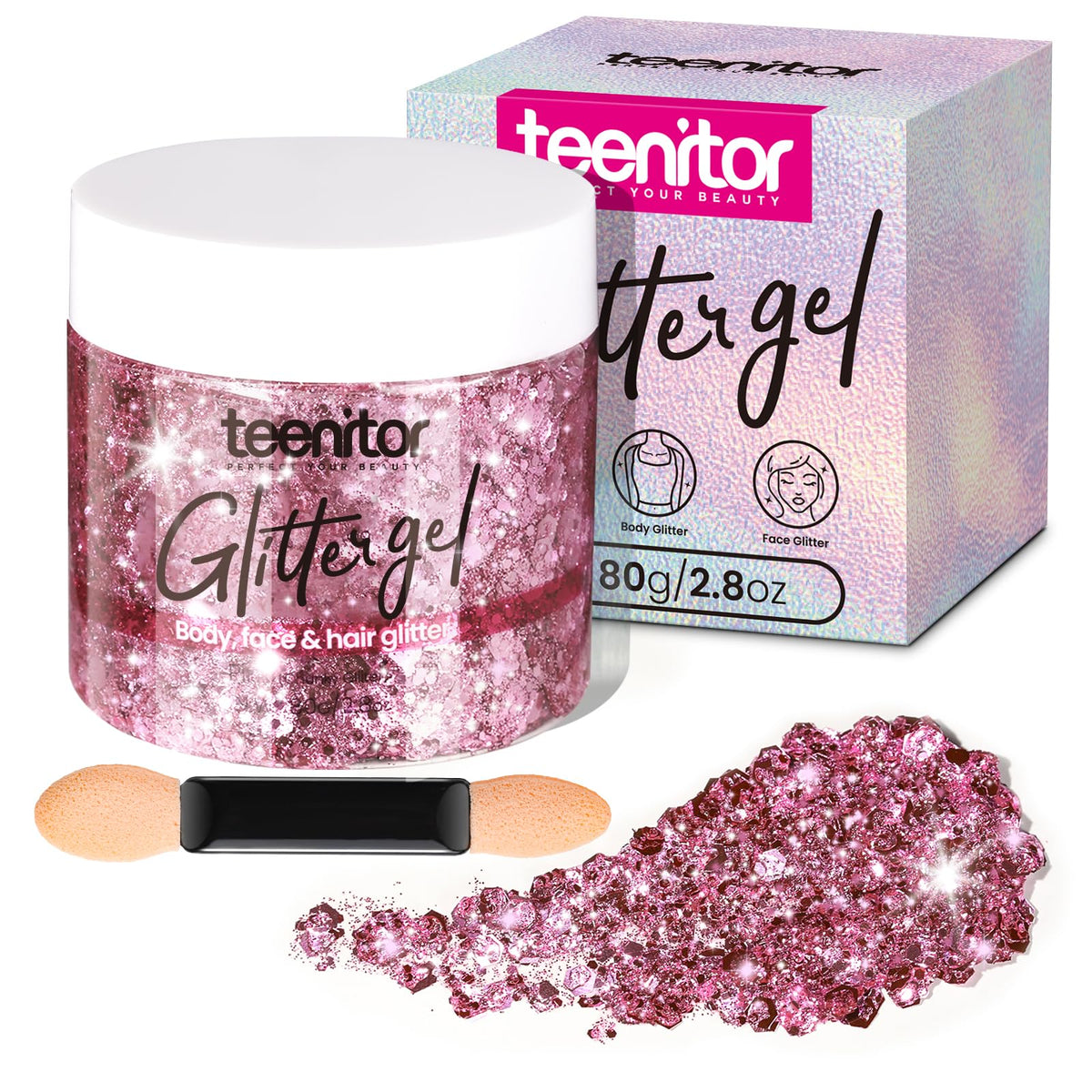 Teenitor front packaging showing pink chunky glitter gel and weight as benefit