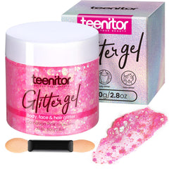 Teenitor front packaging showing pink holographic glitter gel and clear labeling for easy identification