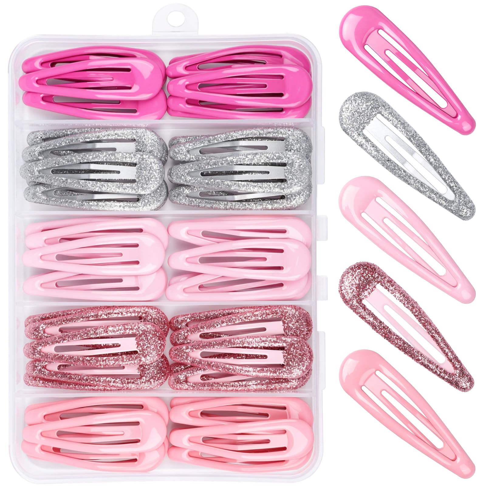 Teenitor front packaging showing 50 pink snap clips and storage box for organized convenience