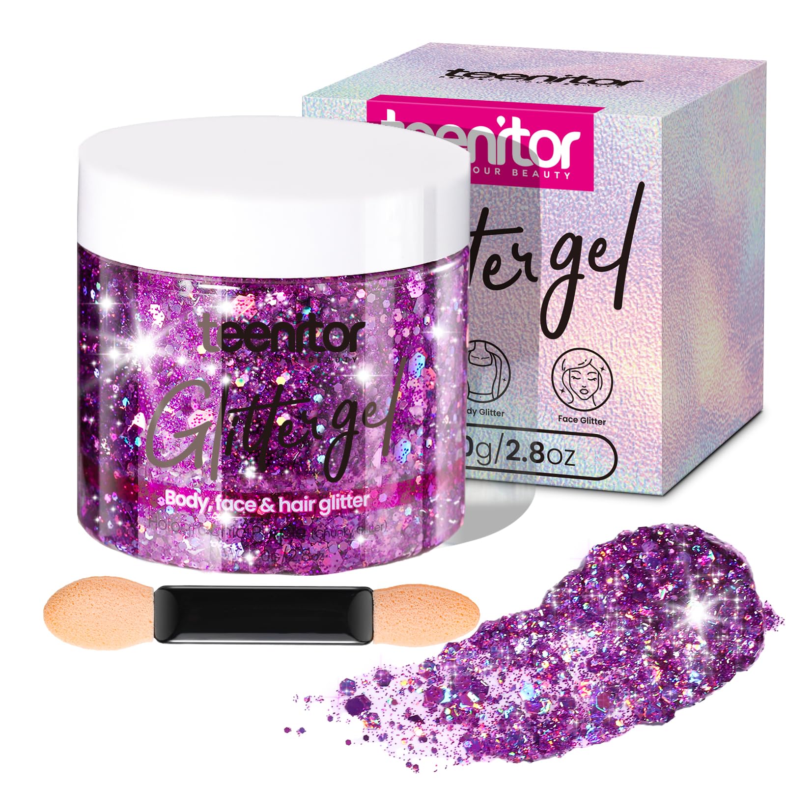 Teenitor front packaging showing purple glitter gel and product size benefit