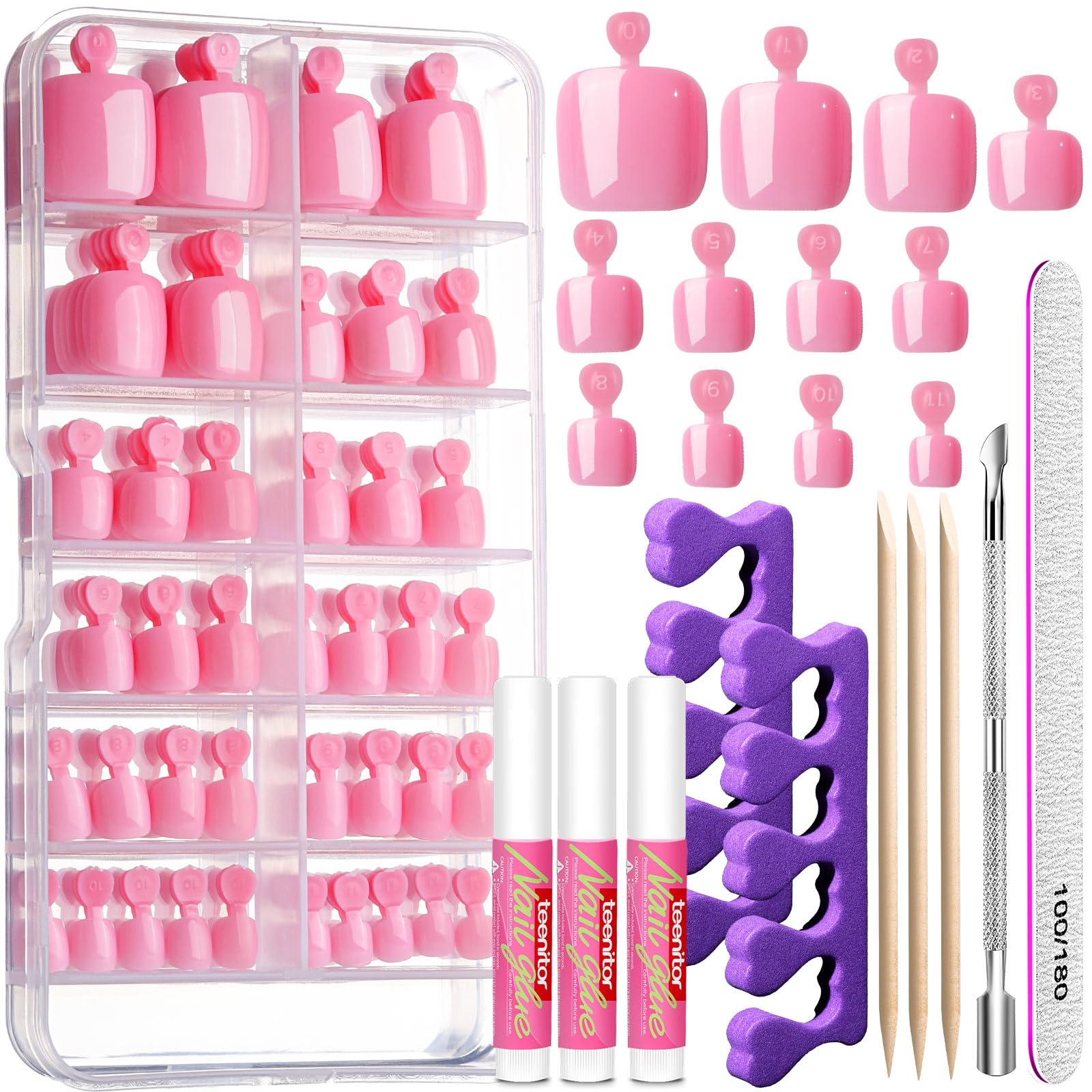 Teenitor front packaging showing sakura pink press-on toenails and benefits
