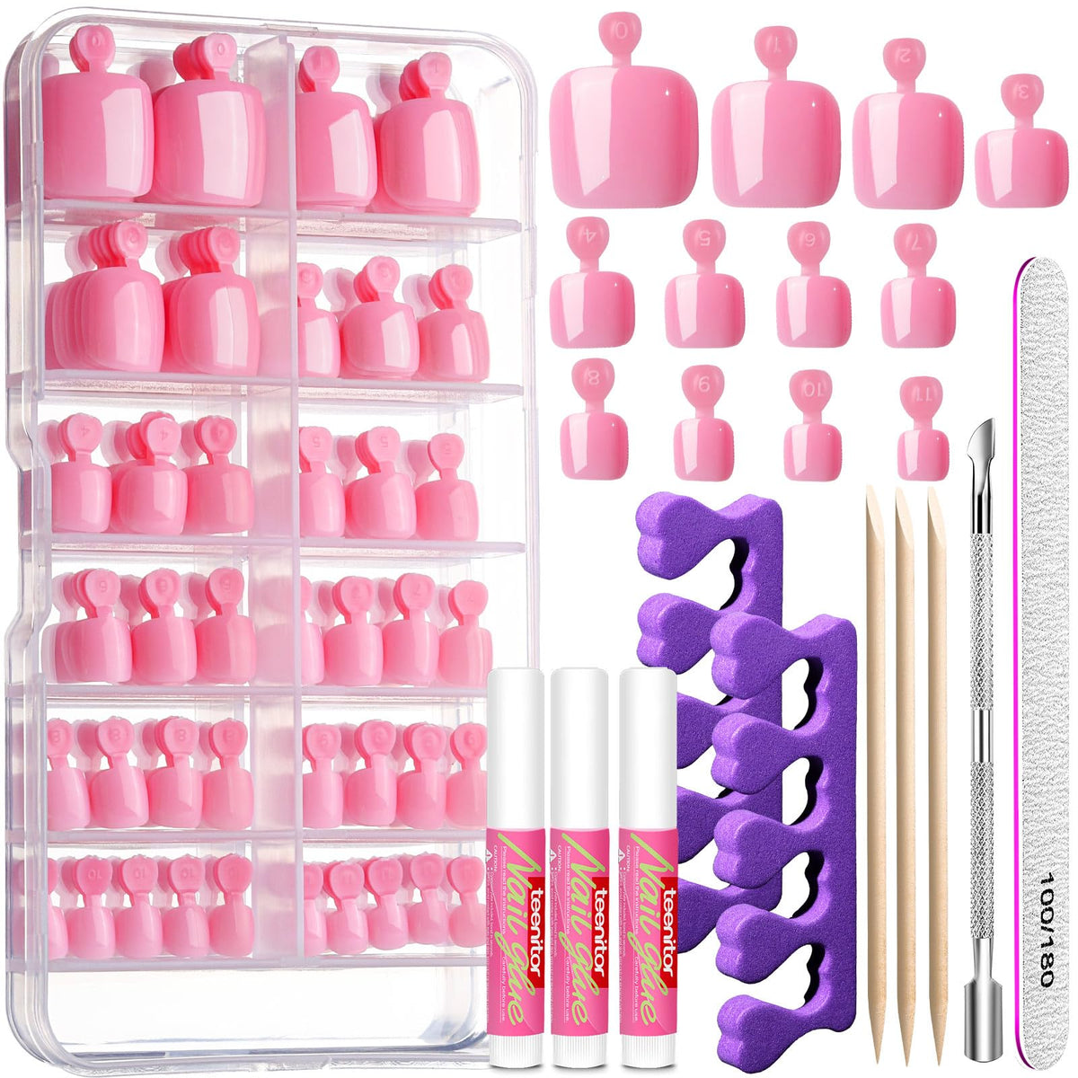 Teenitor front packaging showing sakura pink press-on toenails and benefits