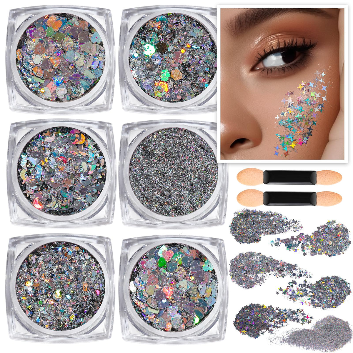 Teenitor front packaging showing silver holographic glitter gel and applicators for easy use