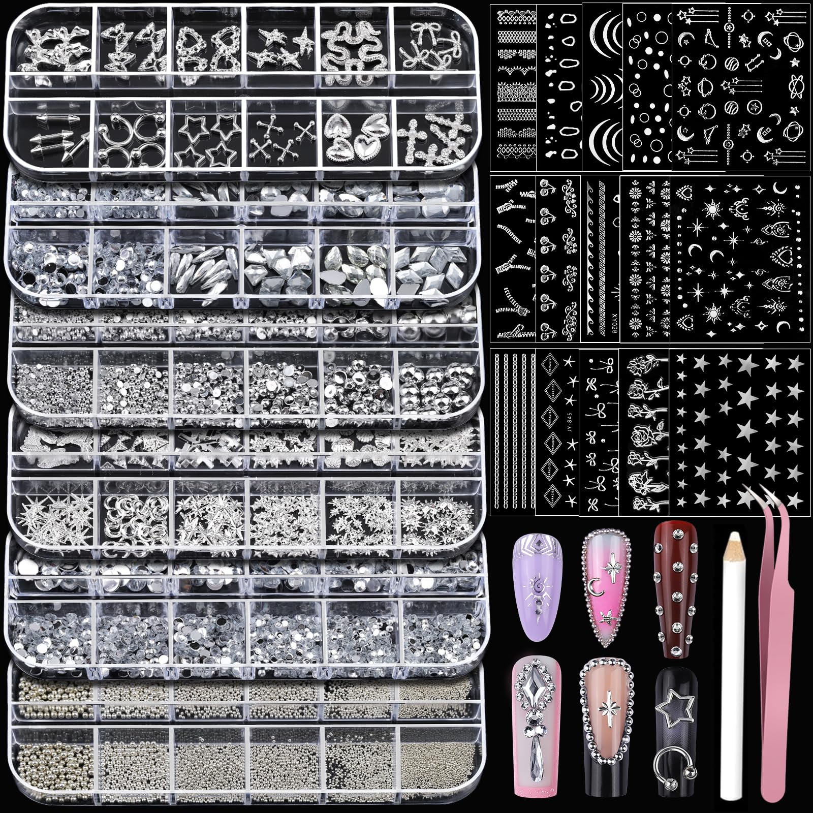 Teenitor front packaging showing full silver nail charms set, convenient kit