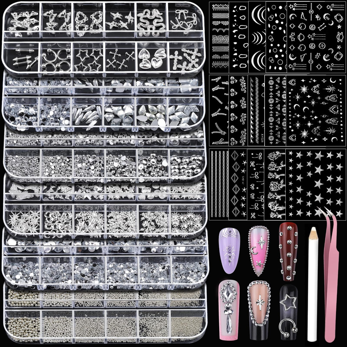 Teenitor front packaging showing full silver nail charms set, convenient kit