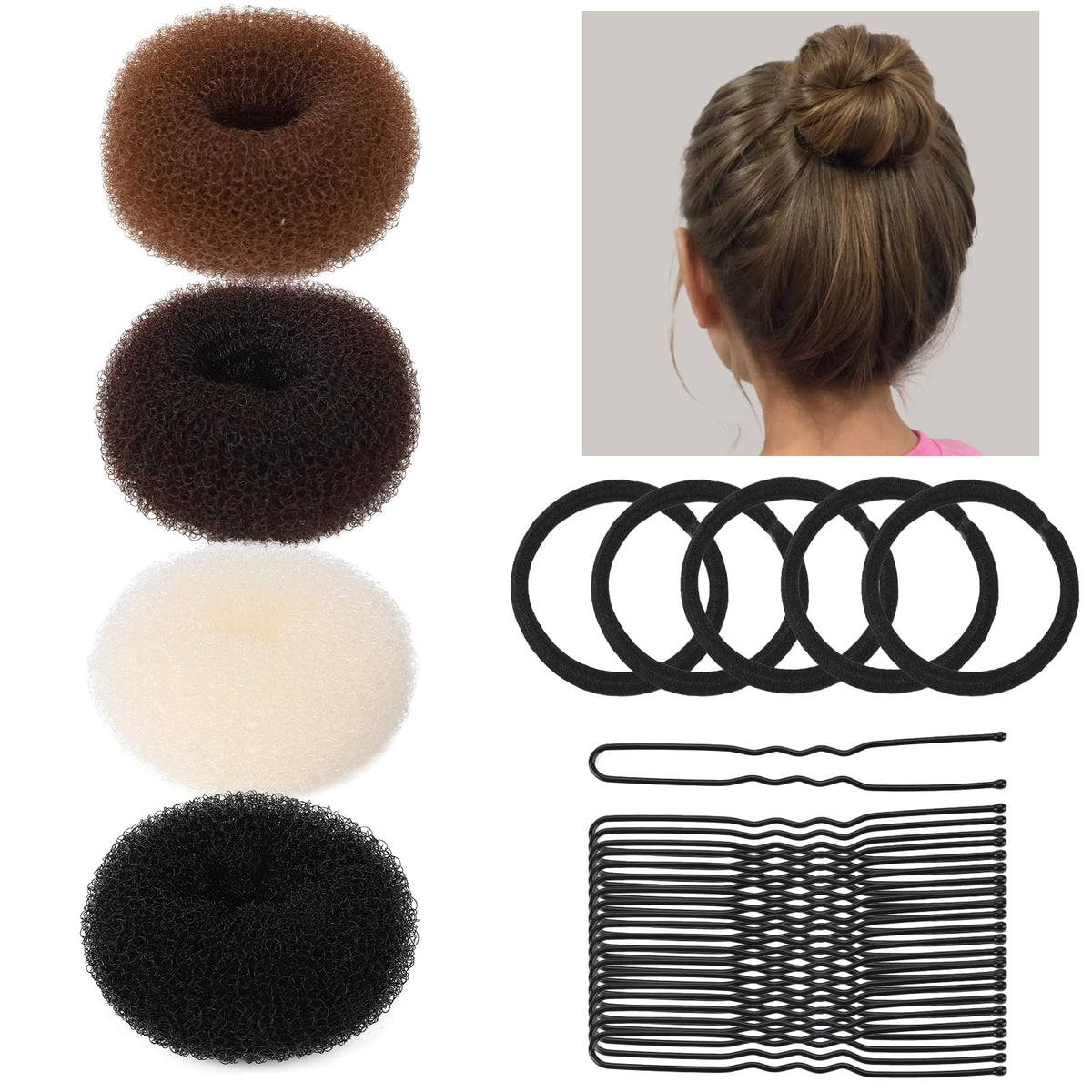 Teenitor front view of small donut bun maker set showing contents and benefit quick styling