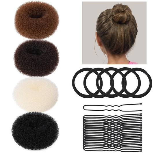 Teenitor front view of small donut bun maker set showing contents and benefit quick styling