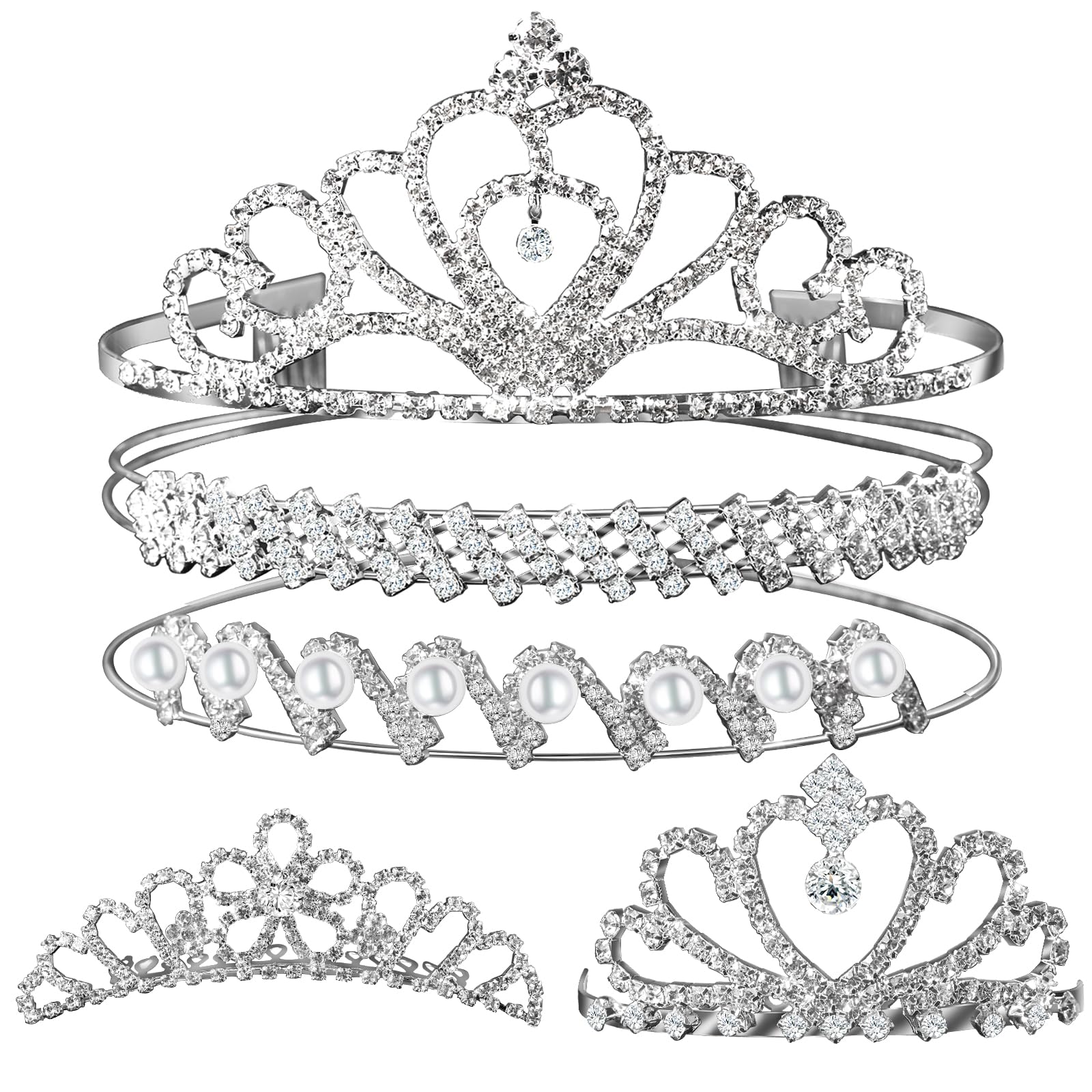 Teenitor front view of the five-piece tiara set showing variety and sparkle