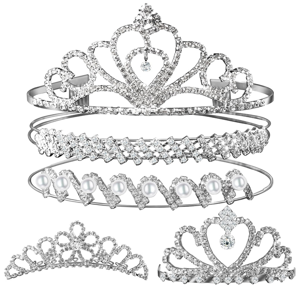 Teenitor front view of the five-piece tiara set showing variety and sparkle
