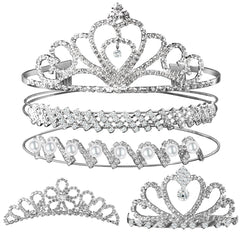 Teenitor front view of the five-piece tiara set showing variety and sparkle