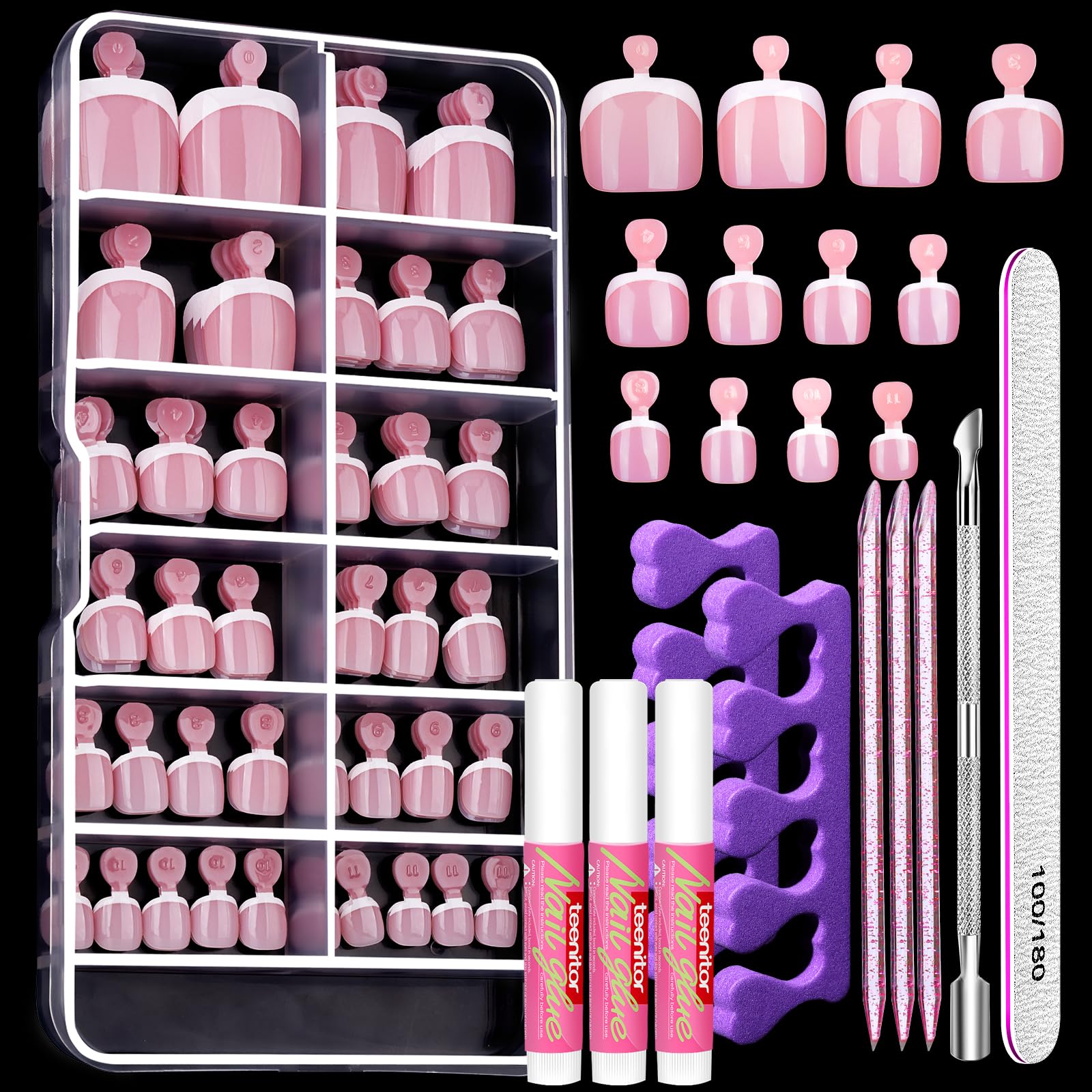 Teenitor front packaging showing 120-piece French toe press-ons and included tools for convenience