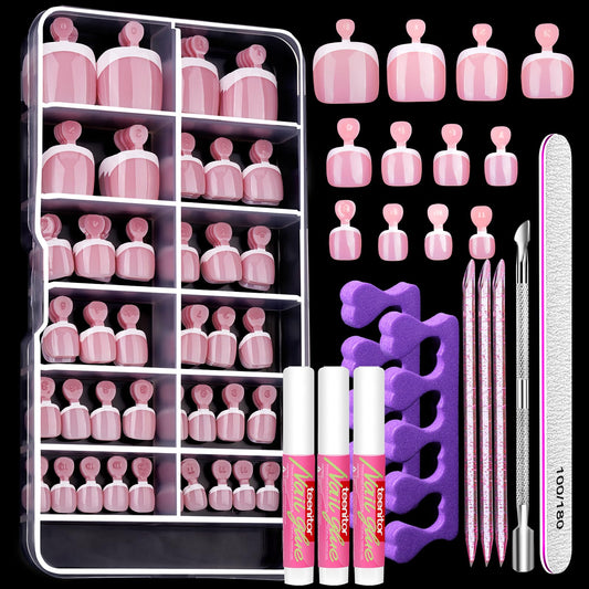 Teenitor front packaging showing 120-piece French toe press-ons and included tools for convenience