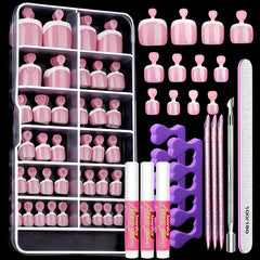 Teenitor front packaging showing 120-piece French toe press-ons and included tools for convenience