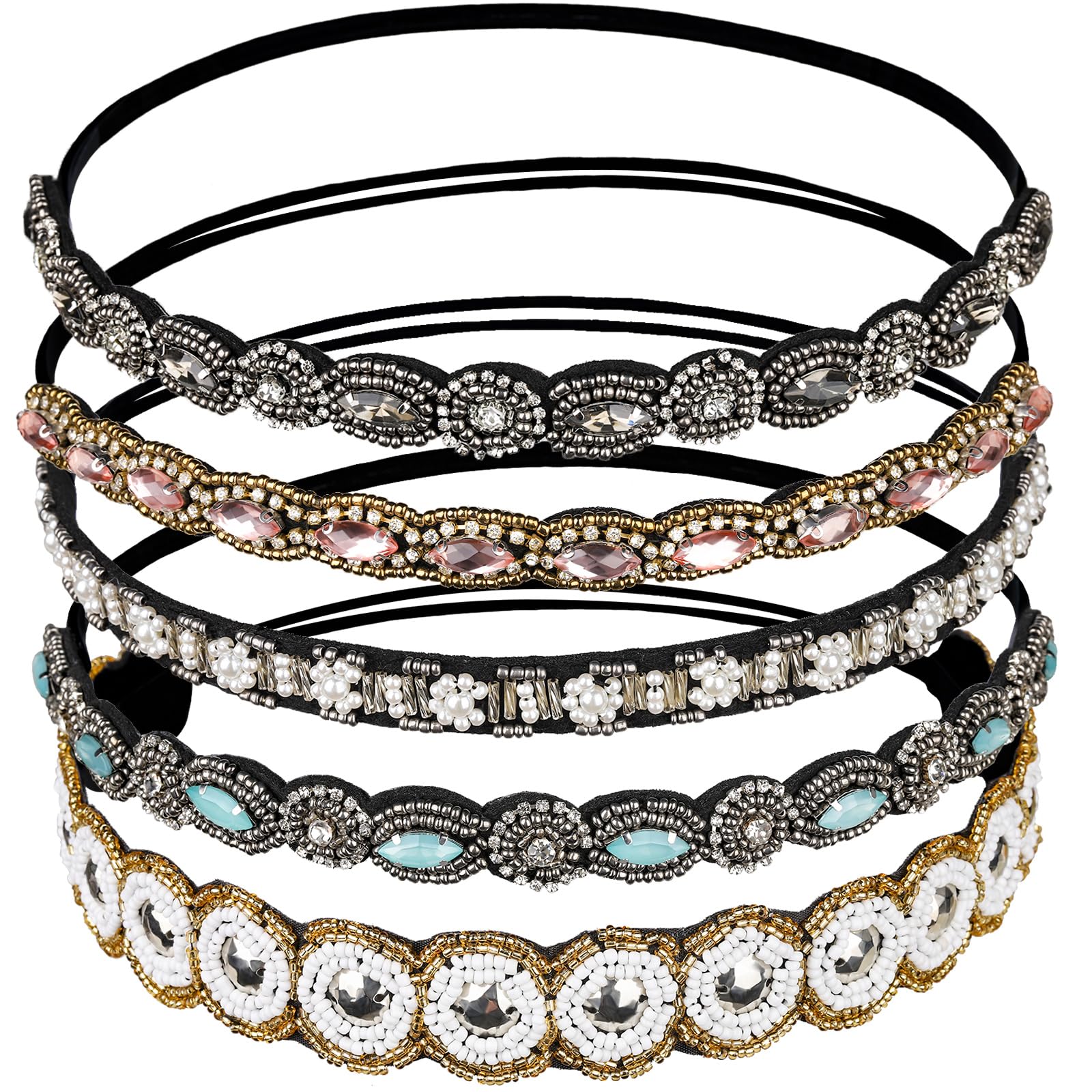 Teenitor front view of five beaded headbands showing colors and styles, adds instant sparkle