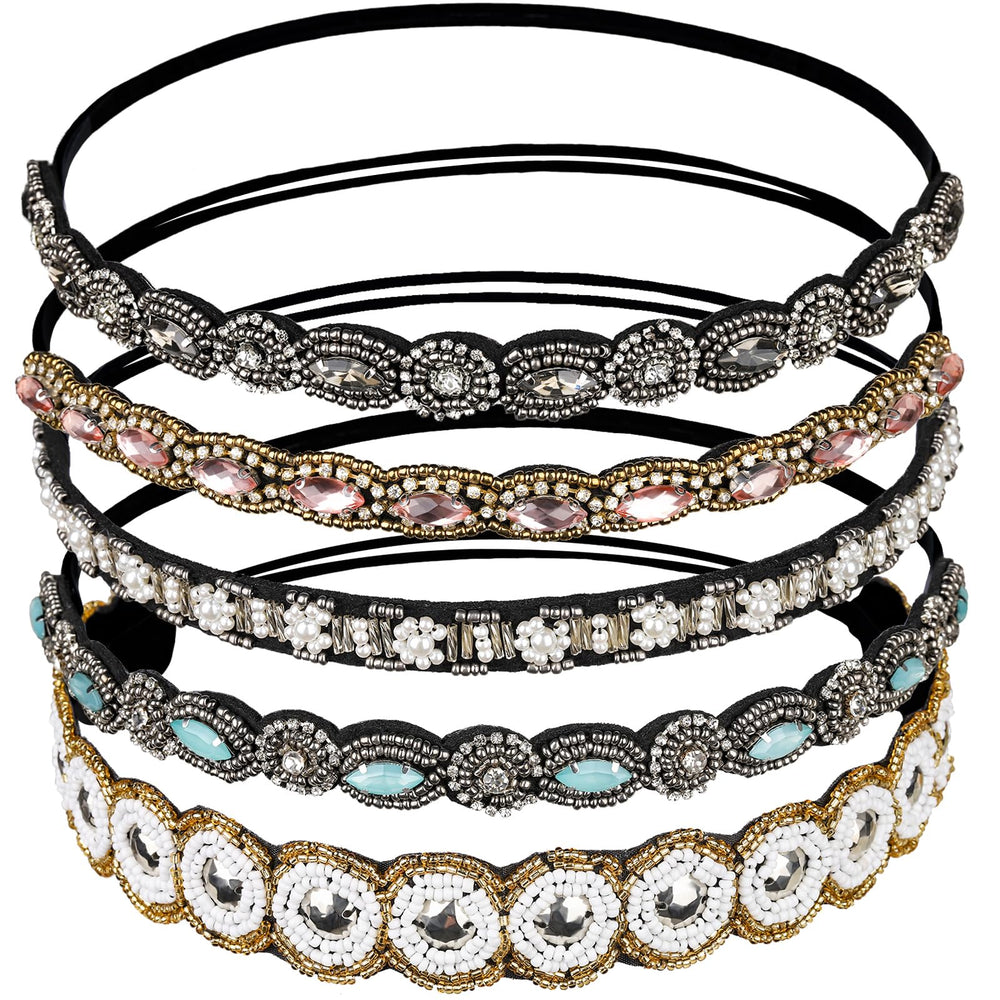 Teenitor front view of five beaded headbands showing colors and styles, adds instant sparkle