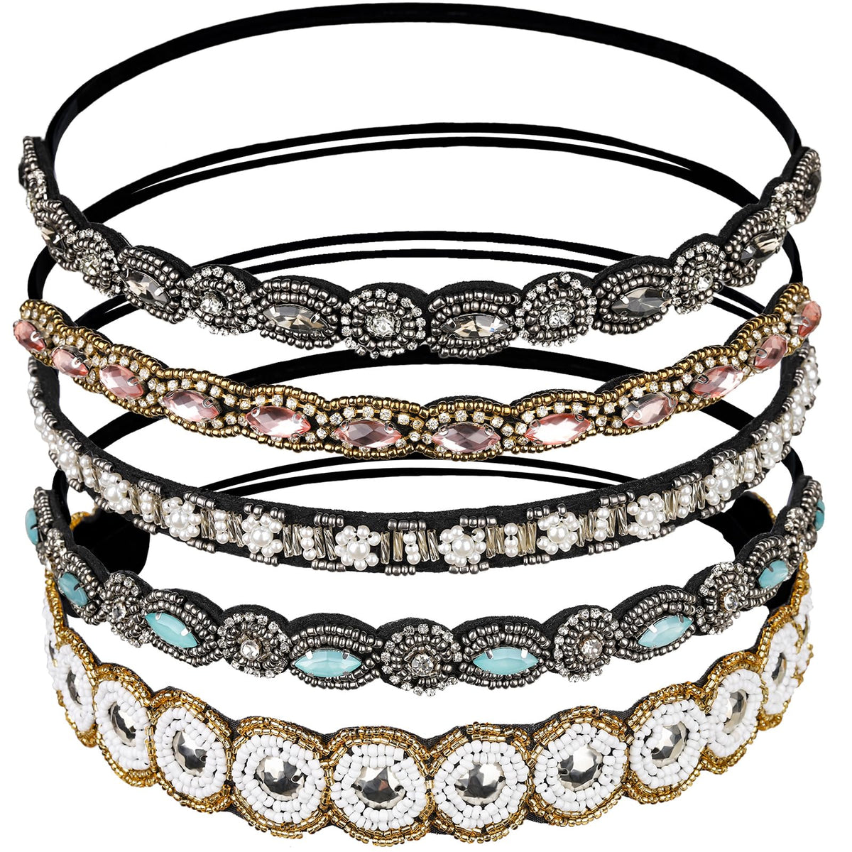 Teenitor front view of five beaded headbands showing colors and styles, adds instant sparkle