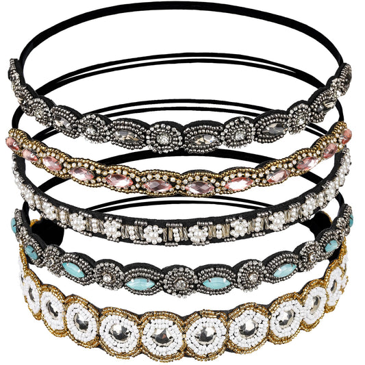 Teenitor front view of five beaded headbands showing colors and styles, adds instant sparkle
