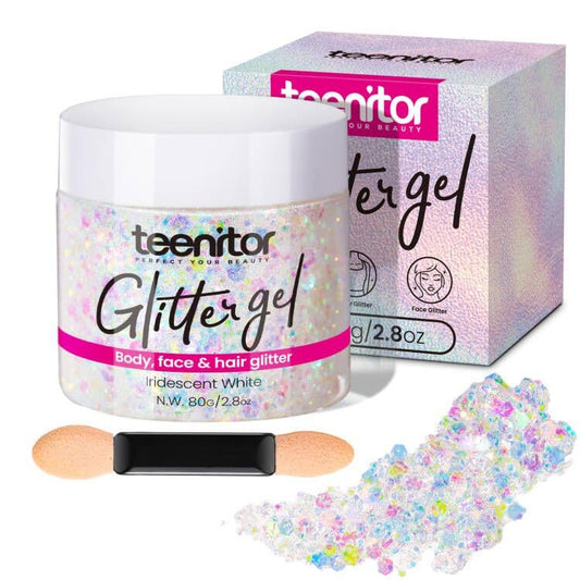 Teenitor front packaging showing white glitter gel and size benefit