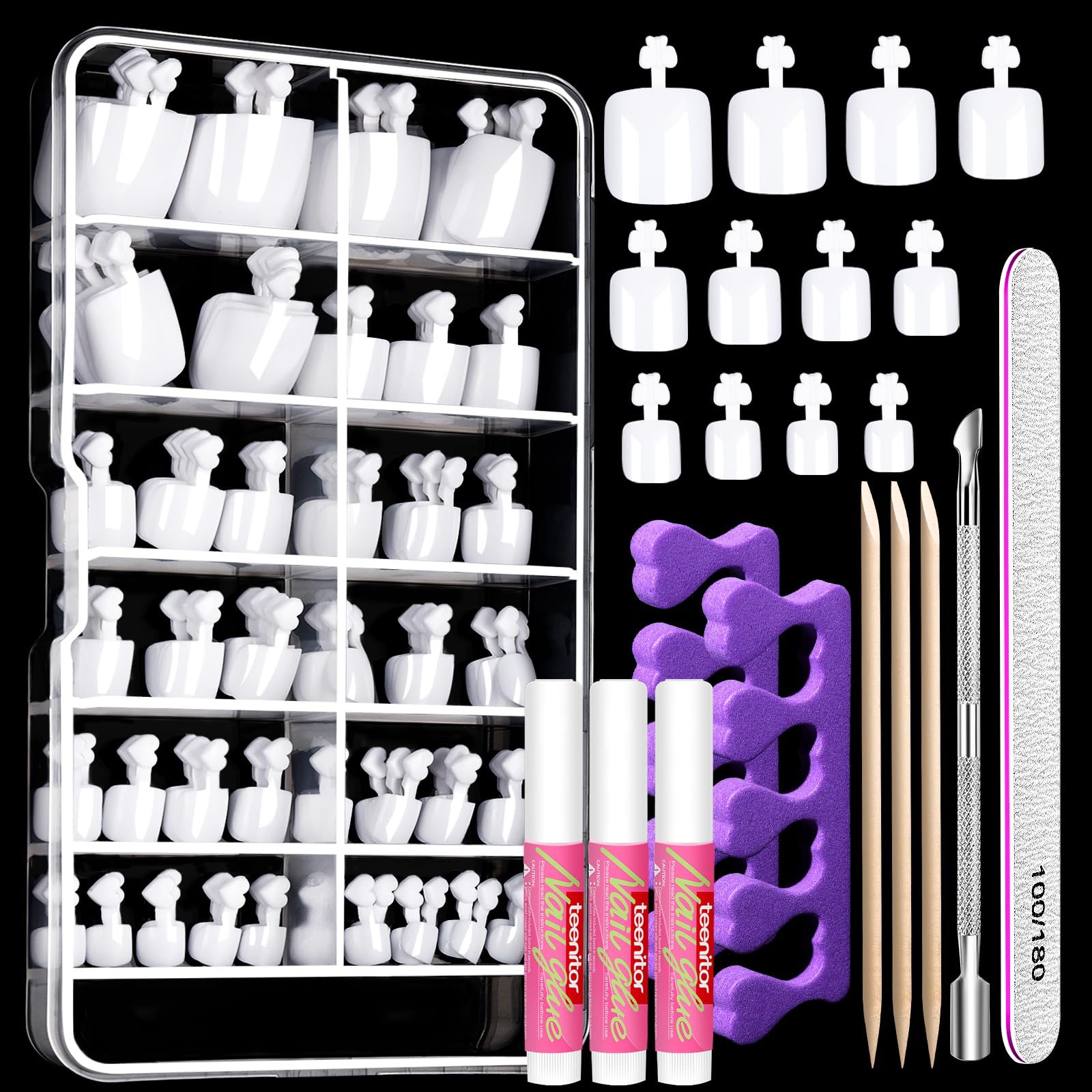 Teenitor front packaging showing complete white toe nail kit and quick setup benefit