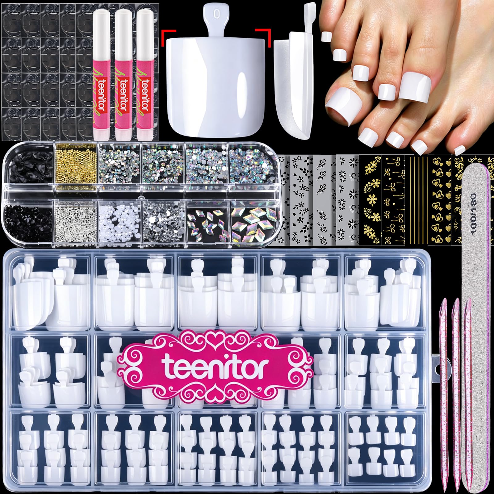 Teenitor front packaging showing kit contents and glossy white tips for polished pedicures