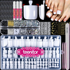 Teenitor front packaging showing kit contents and glossy white tips for polished pedicures