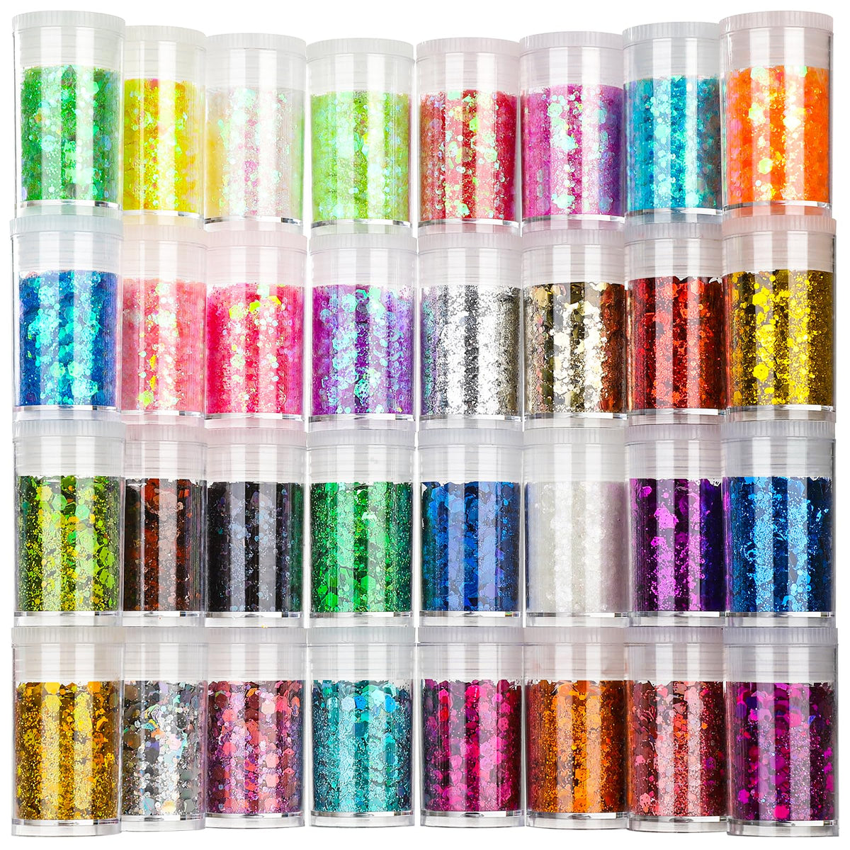 Teenitor front packaging showing 32 clear-sealed glitter pots and organized set benefit