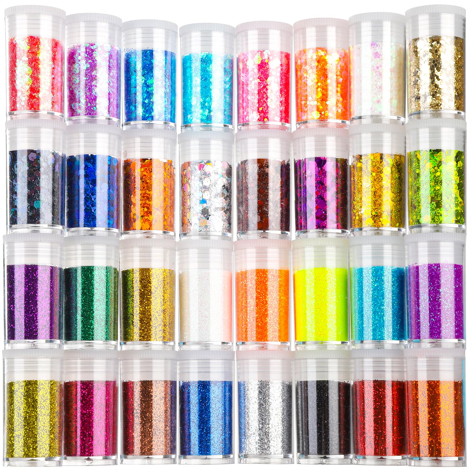 Teenitor front packaging showing 32 clear sealed glitter pots and bright colors