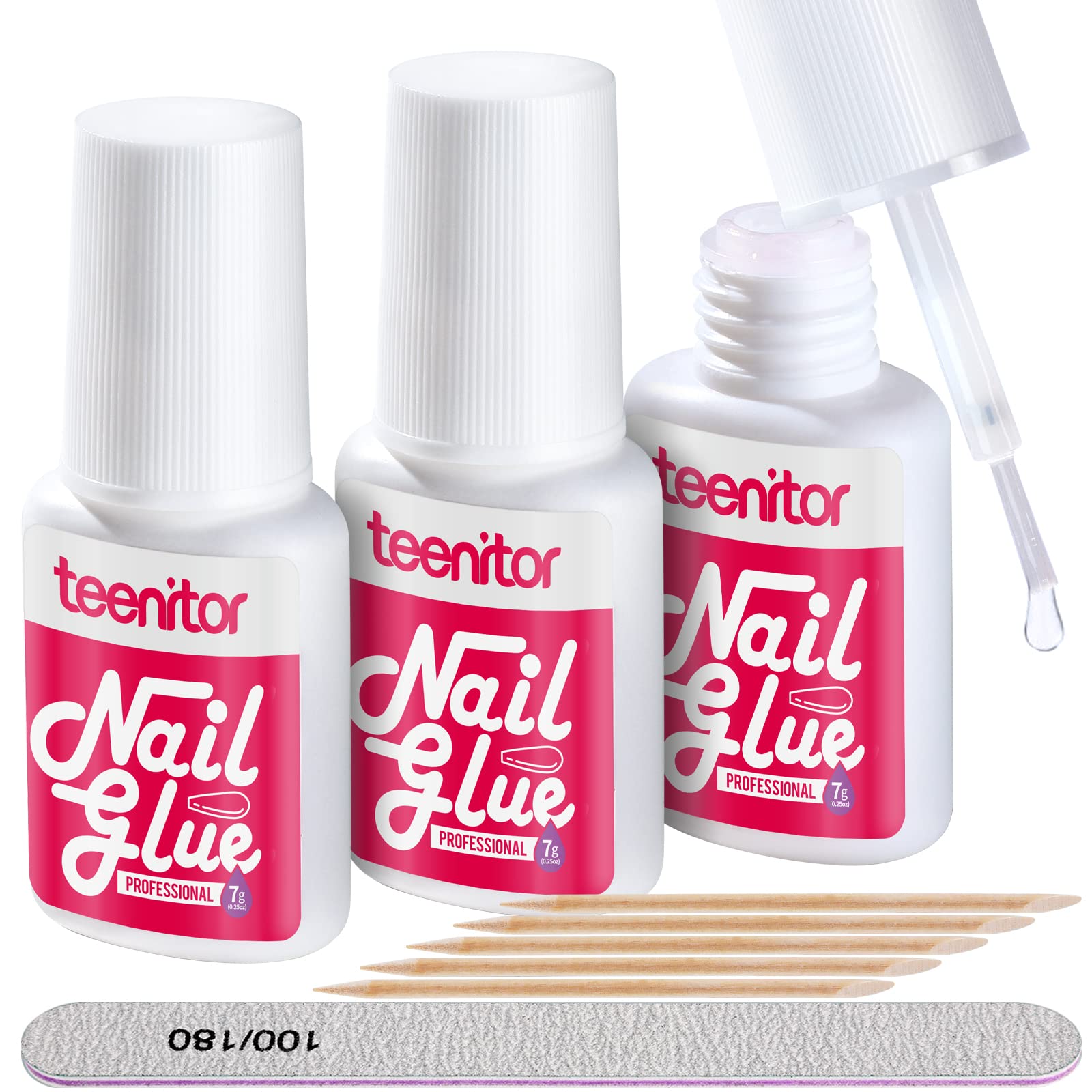 Teenitor front packaging showing three glue bottles and accessories for durable adhesion