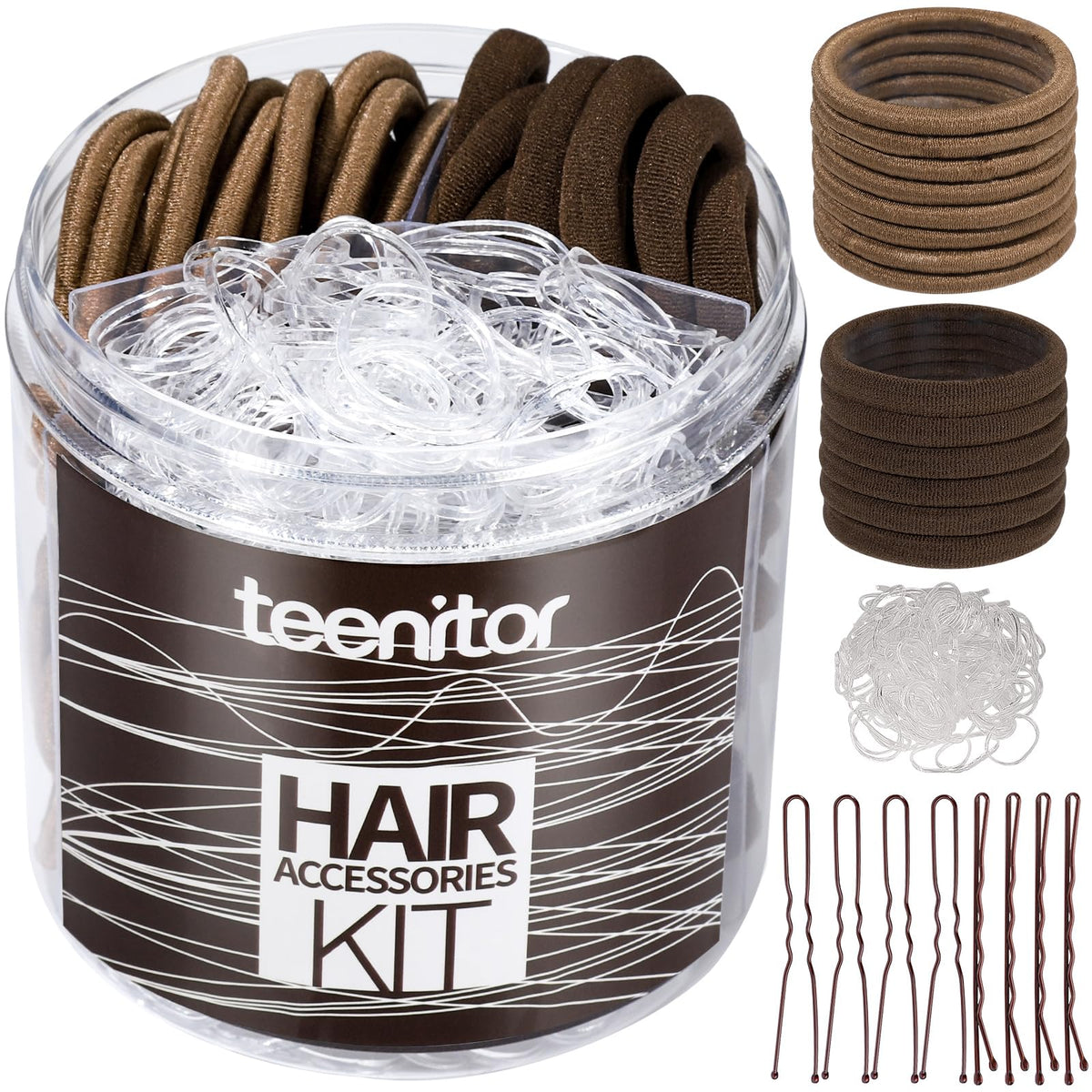 Teenitor front packaging showing full 550-piece hair kit and organized tub for convenience