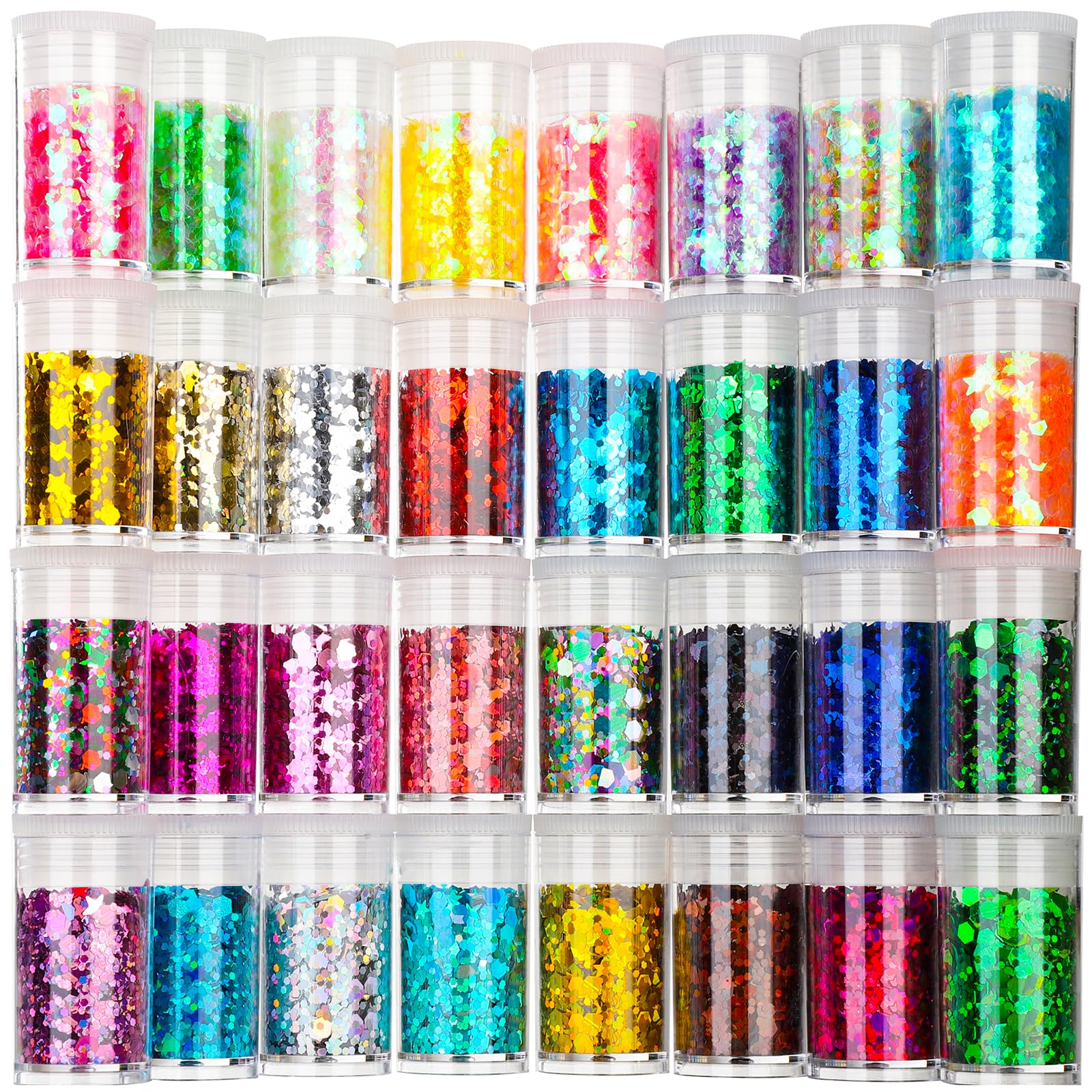 Teenitor front packaging showing 32 compact glitter pots and colorful variety for easy use