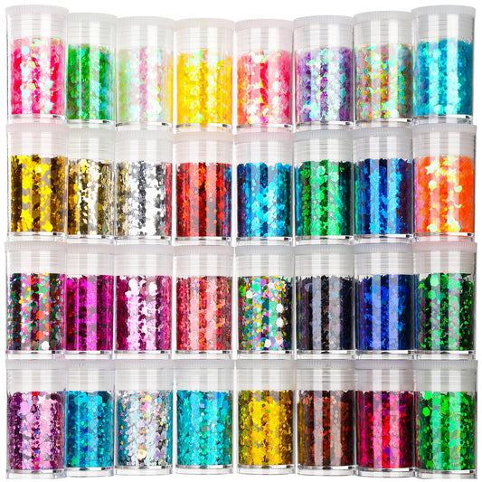 Teenitor front packaging showing 32 compact glitter pots and colorful variety for easy use