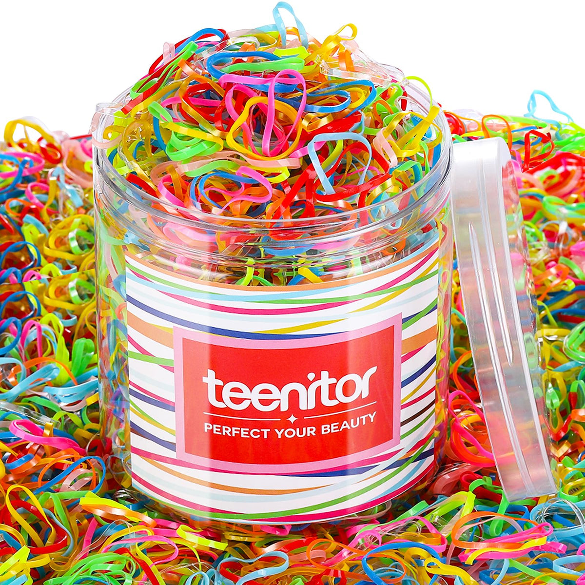 Teenitor front packaging showing 2000 colorful small hair bands, useful for bulk supply