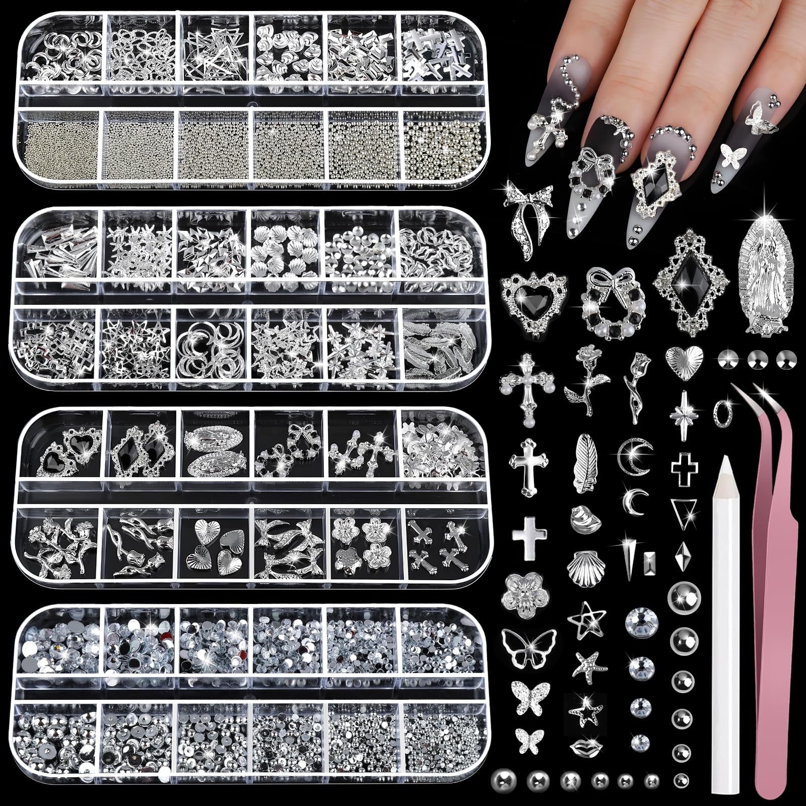 Teenitor front packaging showing four silver nail charm boxes and tools, organized for easy selection