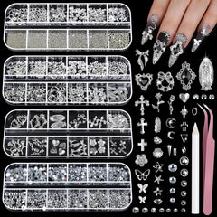 Teenitor front packaging showing four silver nail charm boxes and tools, organized for easy selection