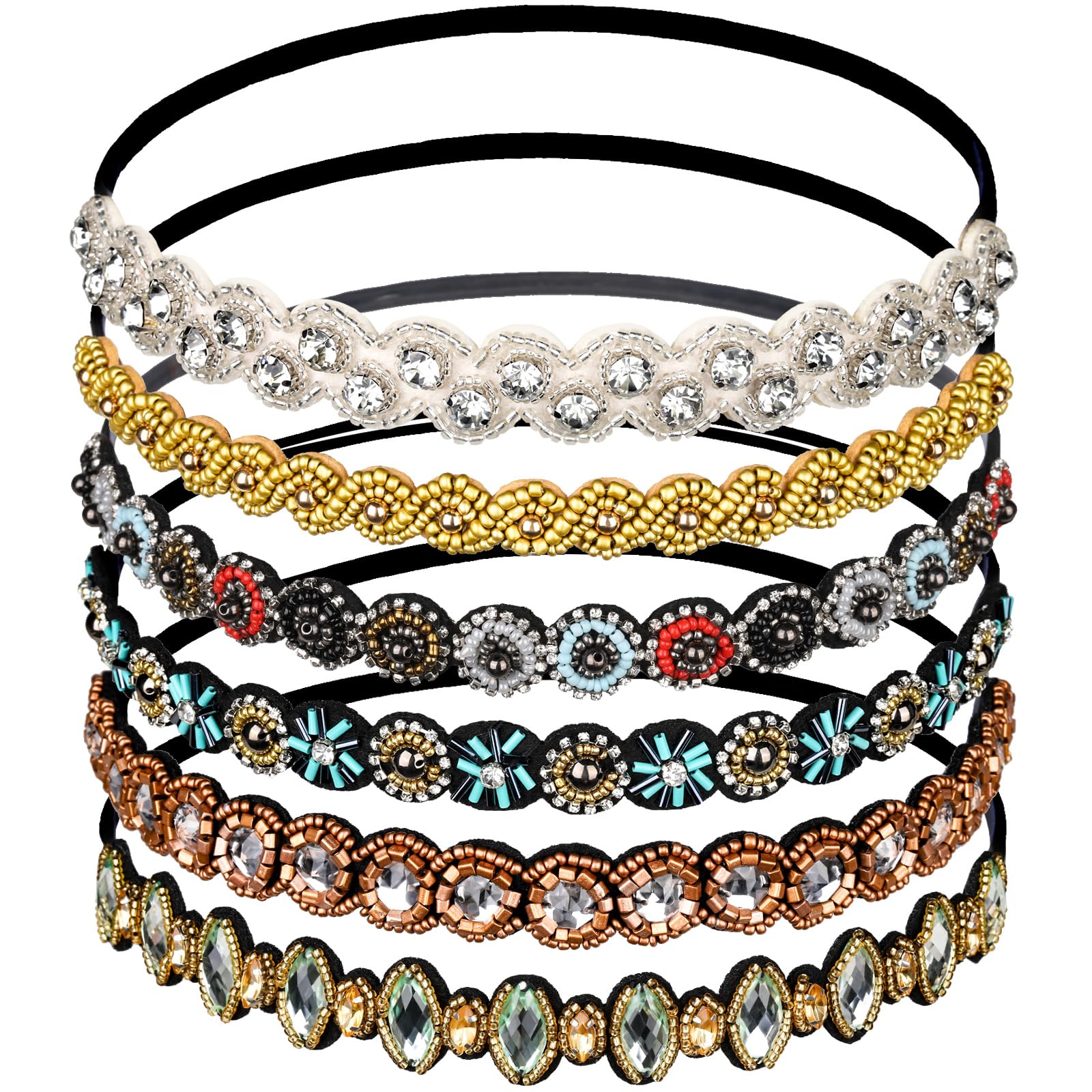 Teenitor front view of six colorful rhinestone headbands showing variety and sparkle