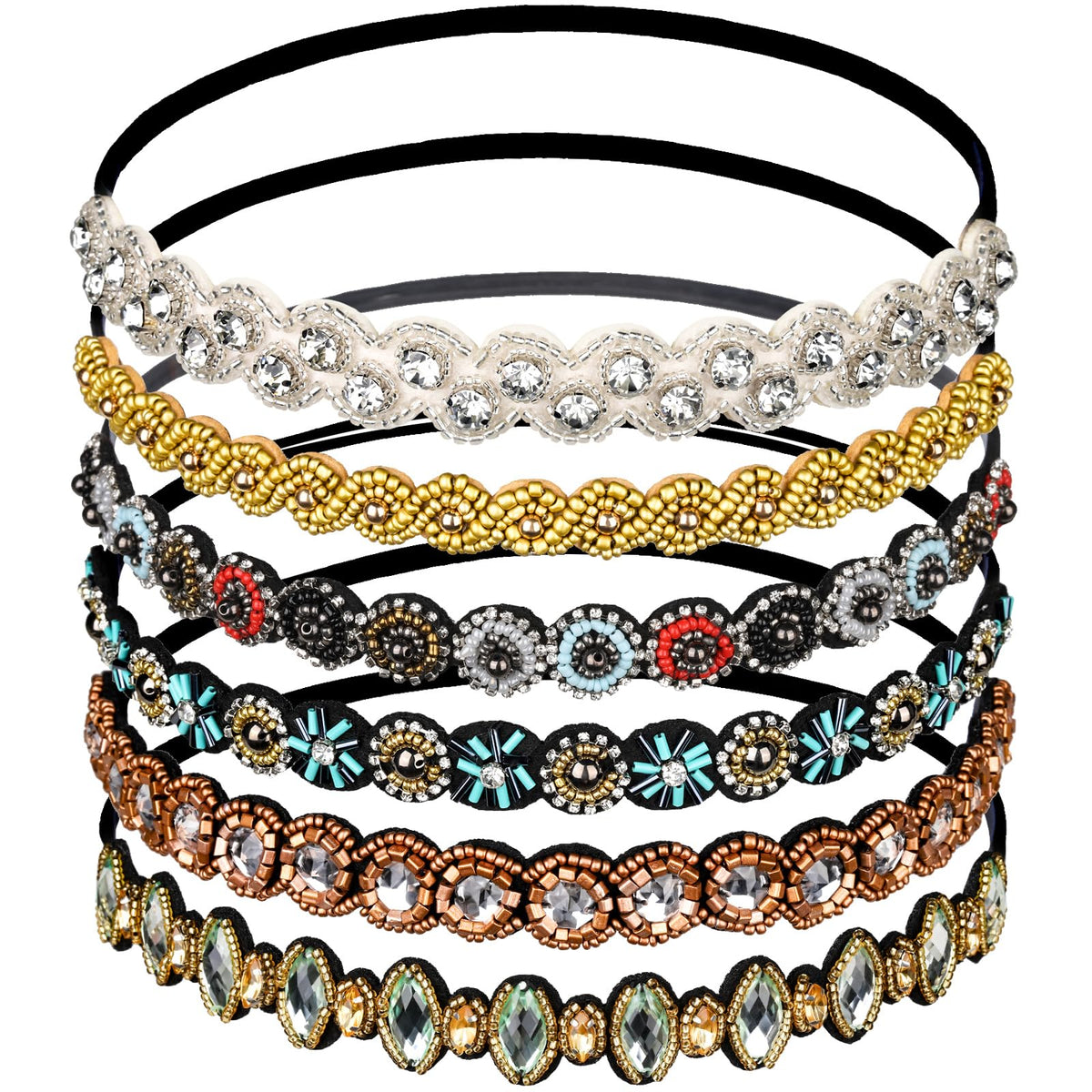 Teenitor front view of six colorful rhinestone headbands showing variety and sparkle