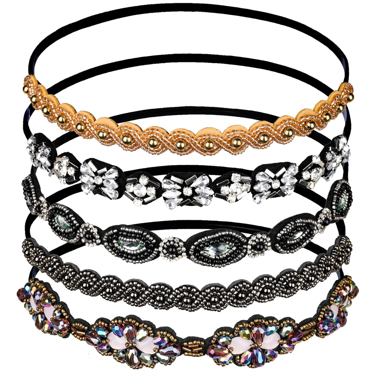 Teenitor front view packed headbands showing five styles and sparkly appeal