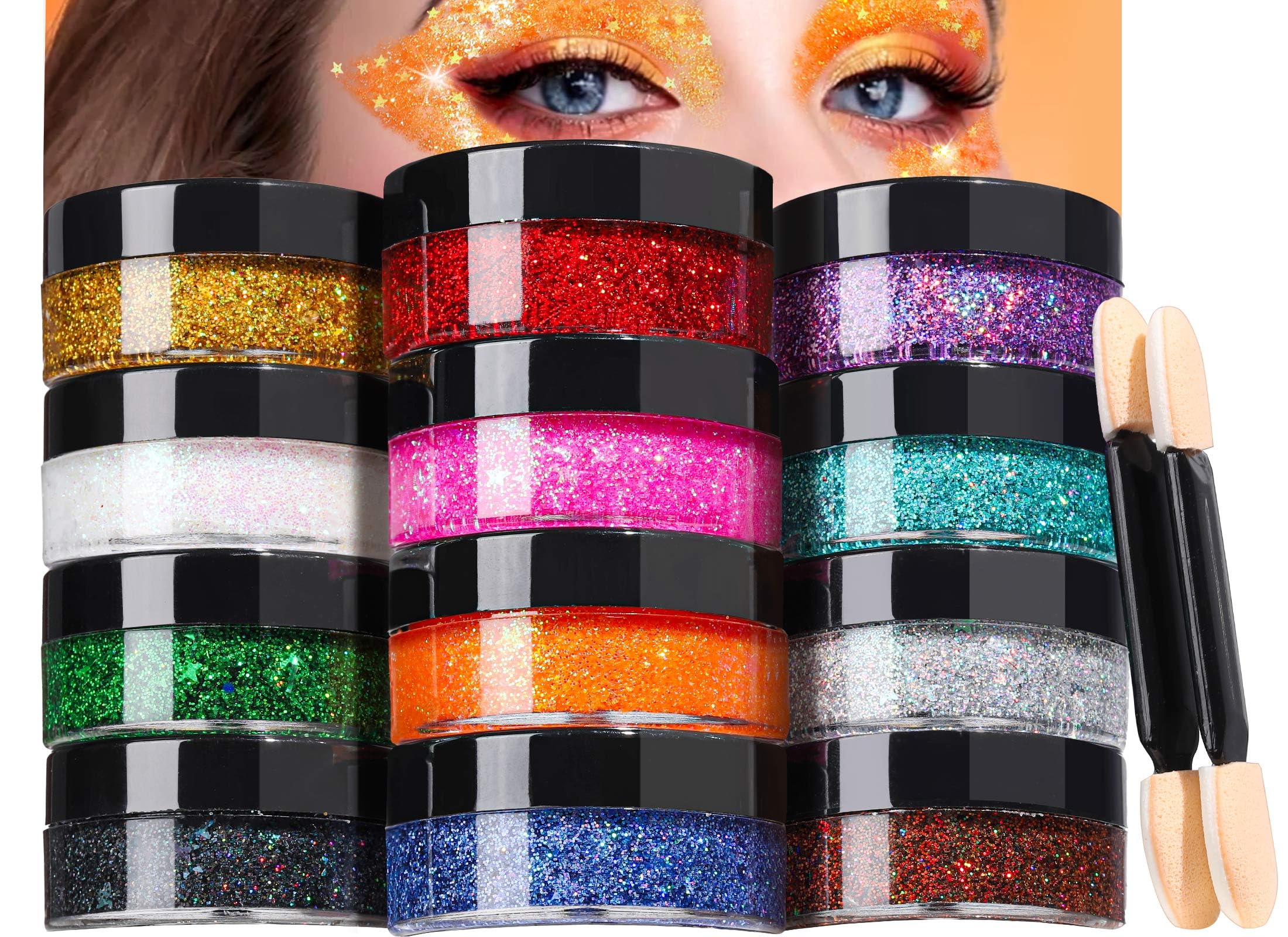 Teenitor front view of 12 glitter gel pots showing colorful variety and portability