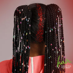 Lifestyle shot of Teenitor glitter on hair and temple for festival-ready sparkle