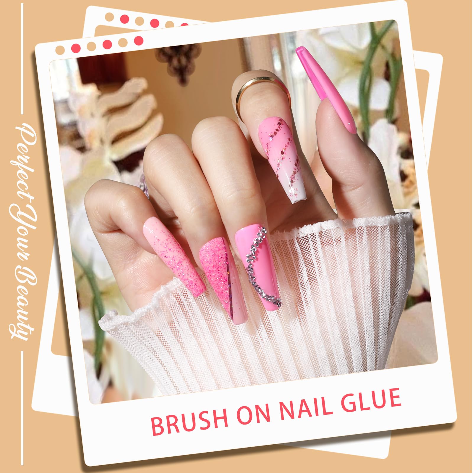 Teenitor glue with nail clipper files and brush arranged for effortless application