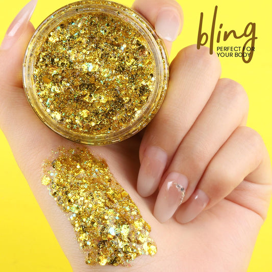 Teenitor gold close-up of glitter texture showing layered sparkle benefit