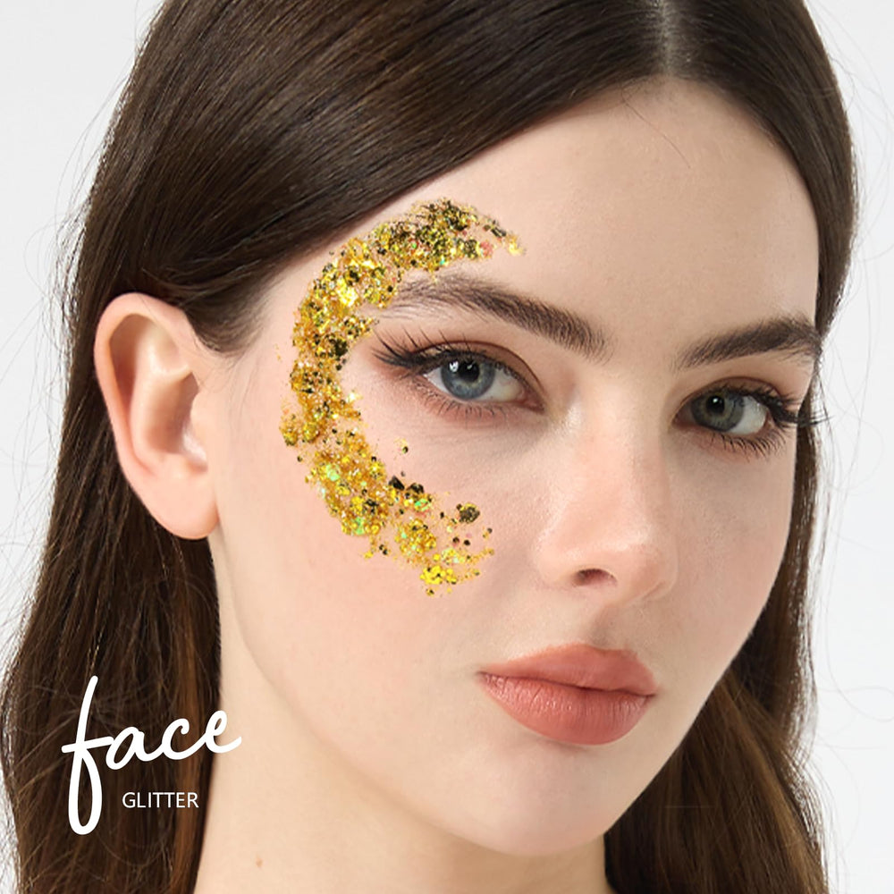 Teenitor gold glitter on festival-goer adding party-ready sparkle benefit