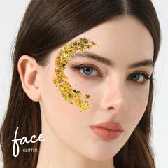 Teenitor gold glitter on festival-goer adding party-ready sparkle benefit