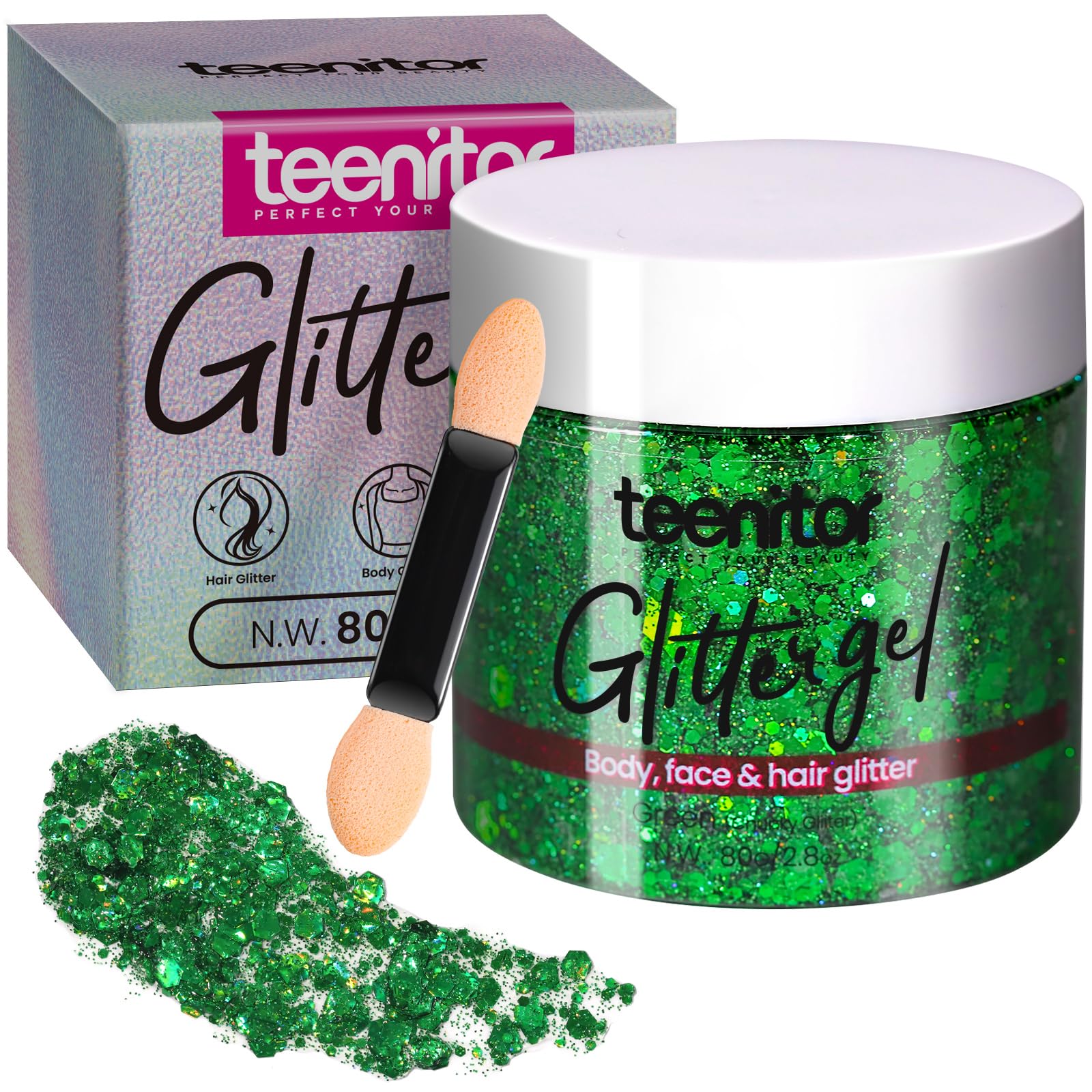 Teenitor front tube showing green holographic gel and clear label benefit
