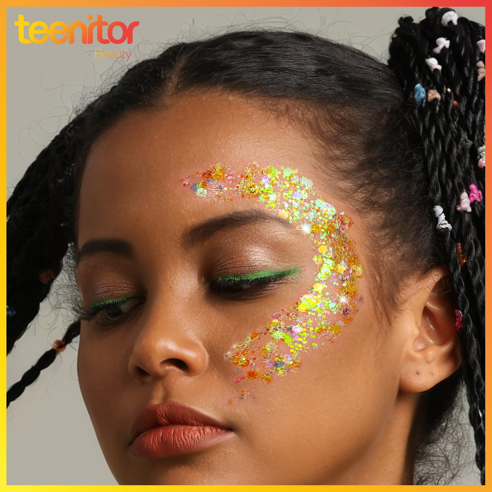 Teenitor hair glitter on braided hair showcasing lasting shine and festival-ready look