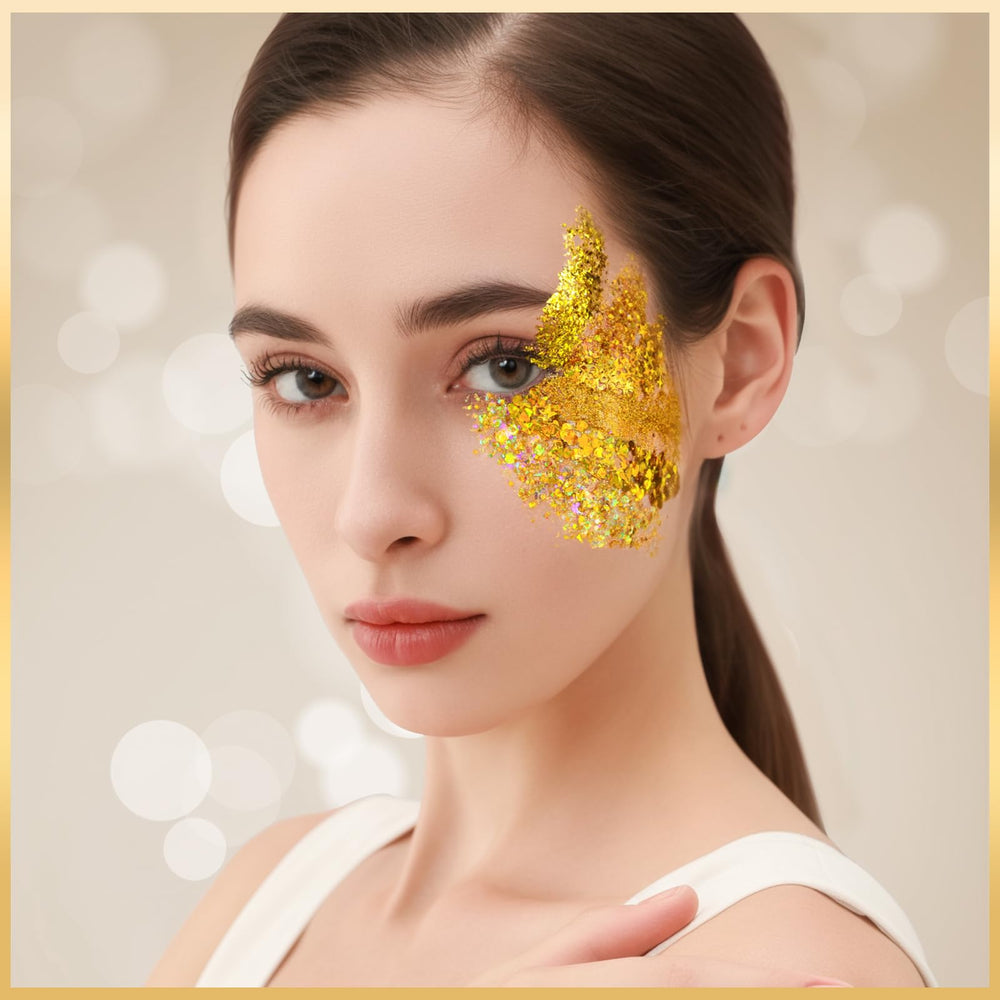 Teenitor hair highlighted with gold glitter gel showing reflective stage-ready shine and secure hold