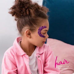 Teenitor hair highlight with purple glitter showcasing stage-ready shine benefit