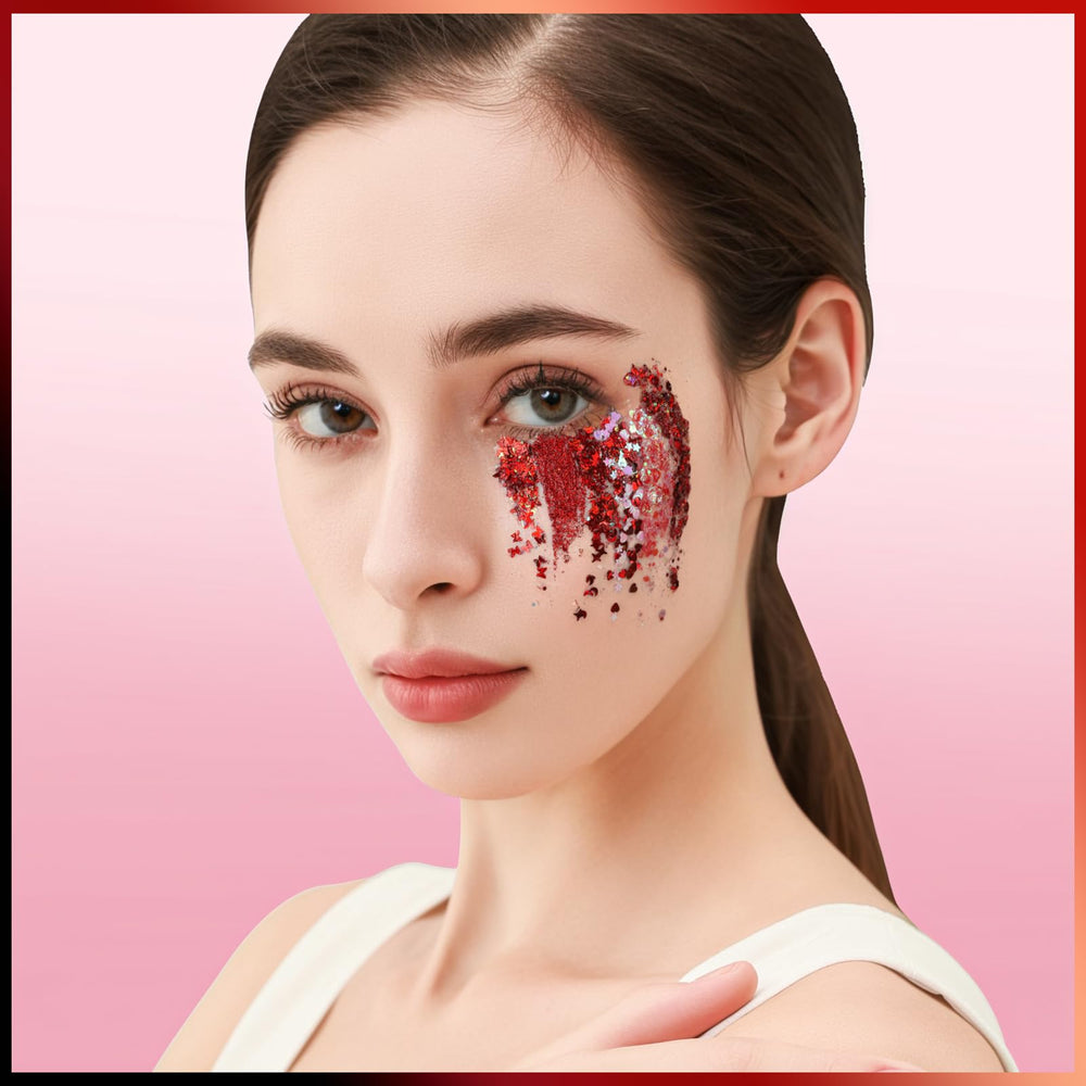 Teenitor hair highlight with red glitter giving eye-catching dimension and festival-ready shine