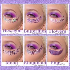 Teenitor purple glitter applied to hair part showing reflective accents and styling versatility