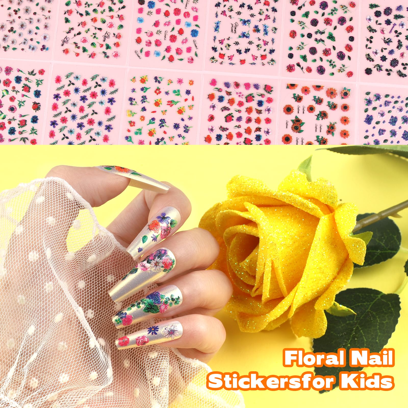 Teenitor hand next to sticker sheet illustrating scale and size-fit for nails